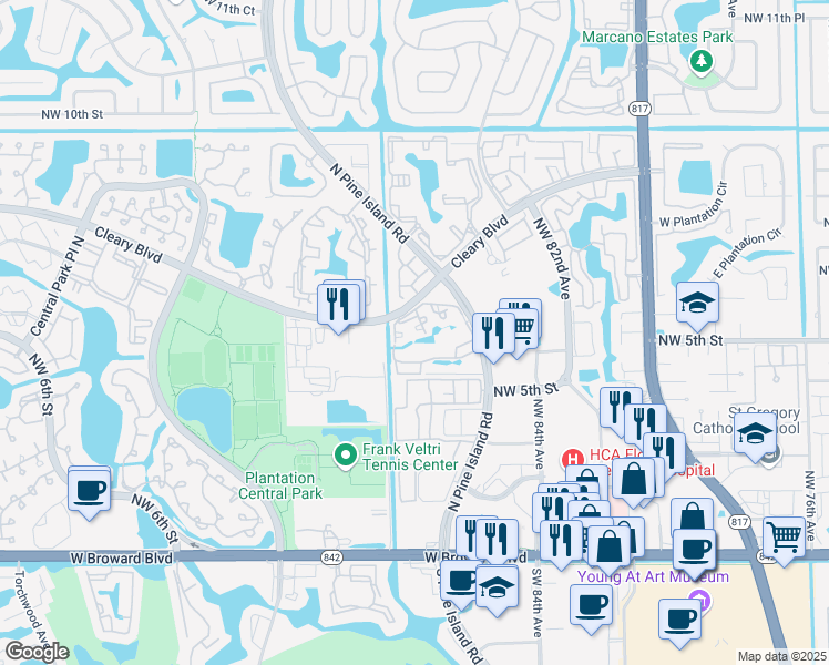 map of restaurants, bars, coffee shops, grocery stores, and more near 751 North Pine Island Road in Plantation