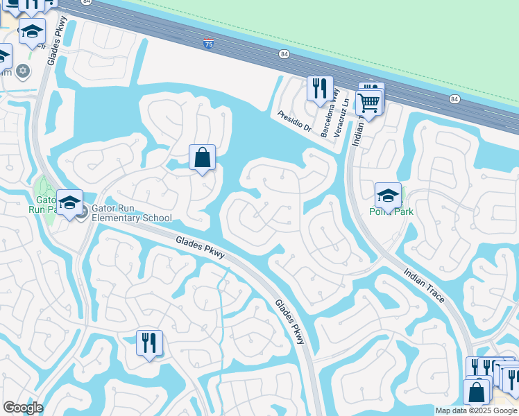 map of restaurants, bars, coffee shops, grocery stores, and more near 1020 Savannah Falls Drive in Weston