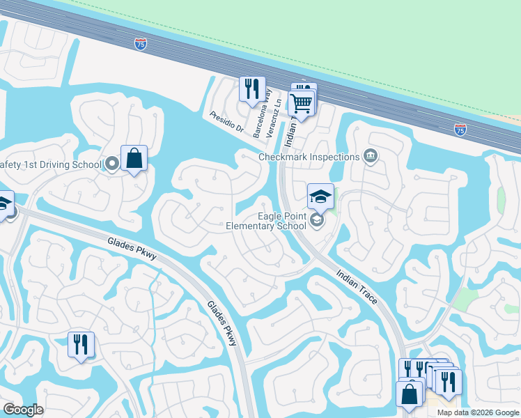 map of restaurants, bars, coffee shops, grocery stores, and more near 889 Sand Creek Circle in Weston