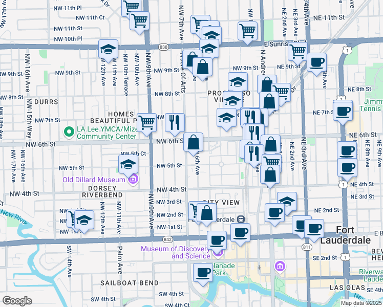 map of restaurants, bars, coffee shops, grocery stores, and more near 500-542 Northwest 6th Avenue in Fort Lauderdale