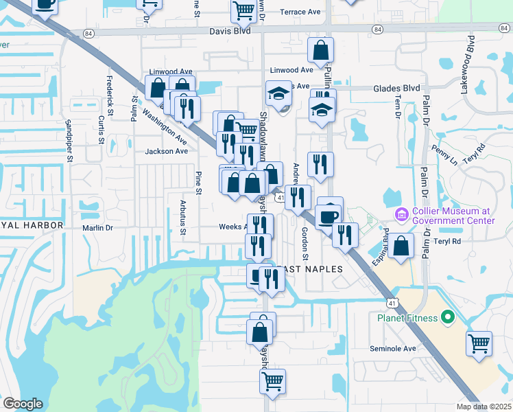 map of restaurants, bars, coffee shops, grocery stores, and more near 2896 Tamiami Trail East in Naples