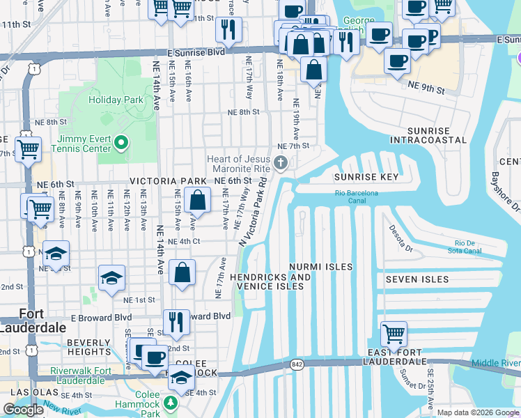 map of restaurants, bars, coffee shops, grocery stores, and more near 506 Victoria Terrace in Fort Lauderdale