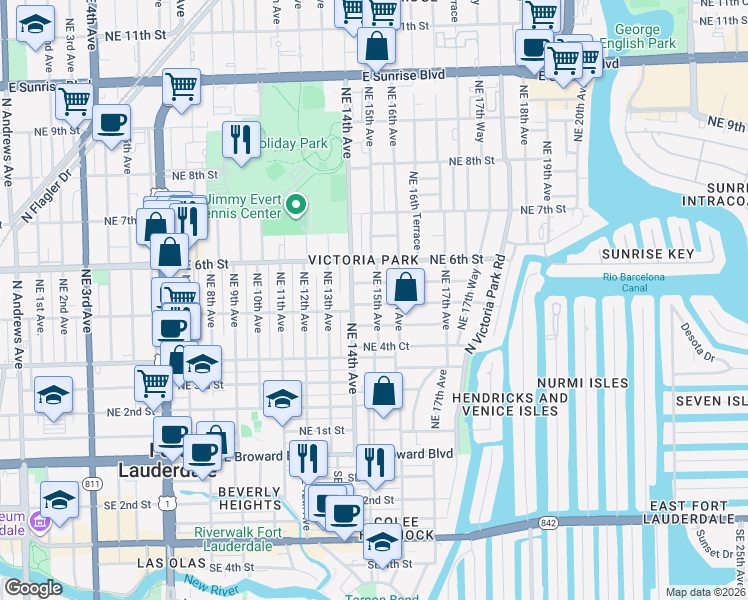 map of restaurants, bars, coffee shops, grocery stores, and more near 501 Northeast 15th Avenue in Fort Lauderdale