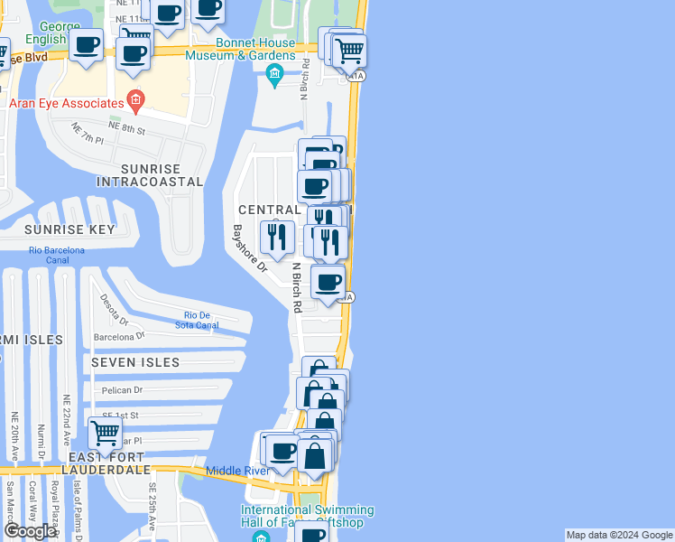 map of restaurants, bars, coffee shops, grocery stores, and more near 401 North Fort Lauderdale Beach Boulevard in Fort Lauderdale