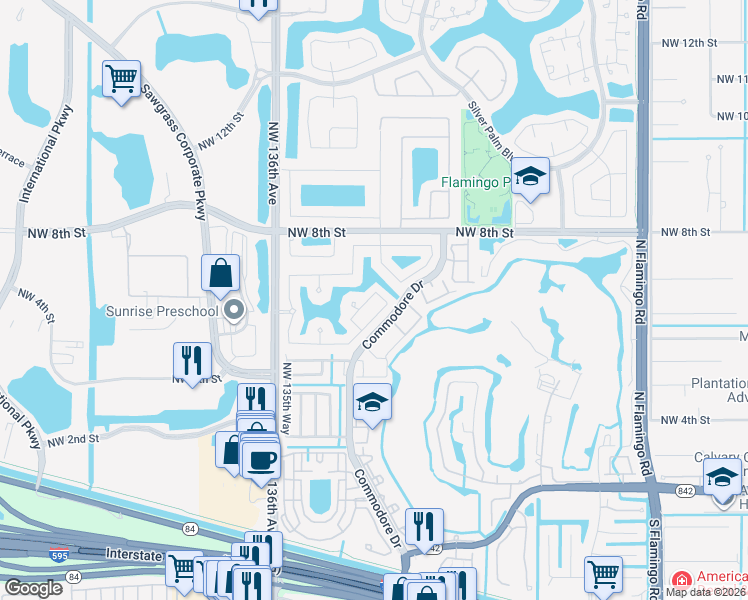 map of restaurants, bars, coffee shops, grocery stores, and more near 13425 Northwest 5th Place in Plantation