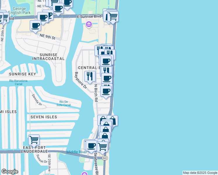 map of restaurants, bars, coffee shops, grocery stores, and more near 401 North Fort Lauderdale Beach Boulevard in Fort Lauderdale