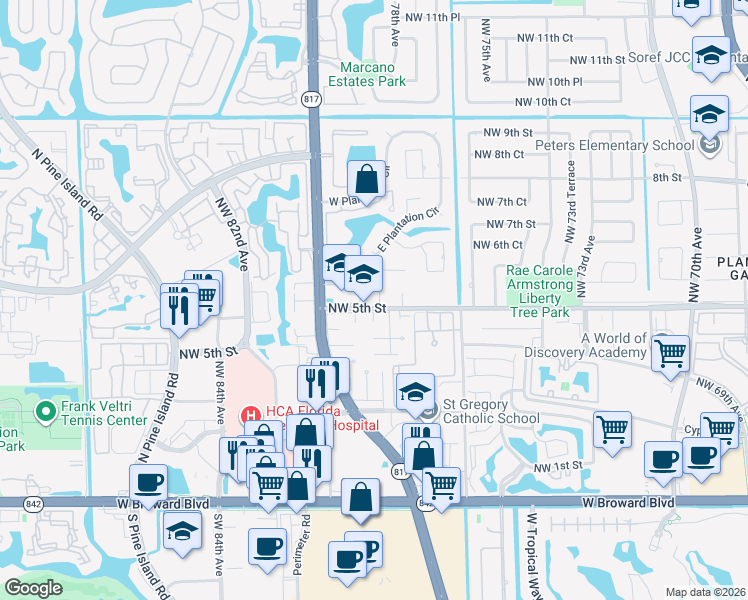 map of restaurants, bars, coffee shops, grocery stores, and more near 501 Northwest 78th Way in Plantation