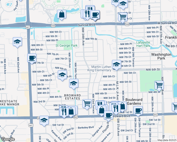 map of restaurants, bars, coffee shops, grocery stores, and more near 3400 Northwest 6th Street in Fort Lauderdale