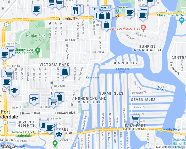 map of restaurants, bars, coffee shops, grocery stores, and more near 506 Victoria Terrace in Fort Lauderdale