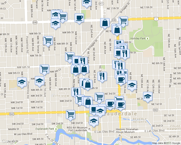 map of restaurants, bars, coffee shops, grocery stores, and more near 513 Northeast 2nd Avenue in Fort Lauderdale