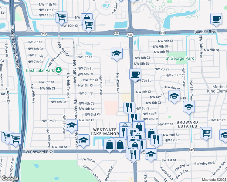 map of restaurants, bars, coffee shops, grocery stores, and more near 4251 Northwest 5th Street in Plantation