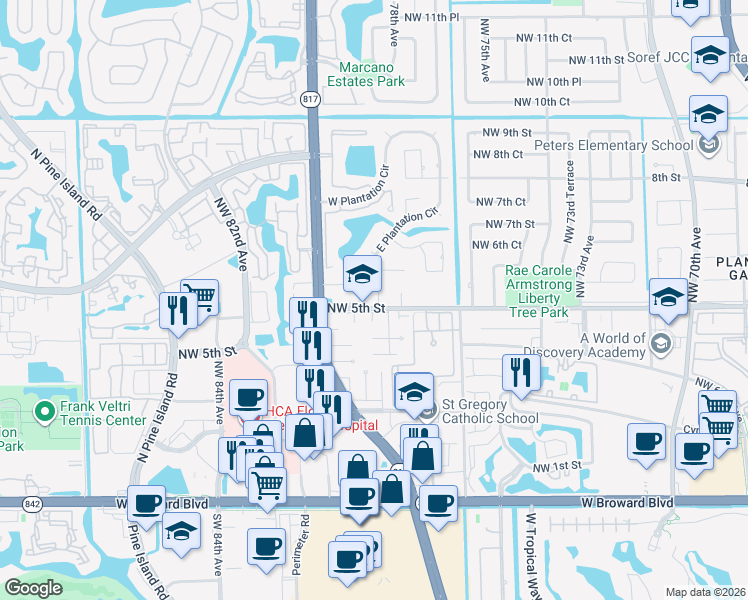 map of restaurants, bars, coffee shops, grocery stores, and more near 501 Northwest 78th Way in Plantation