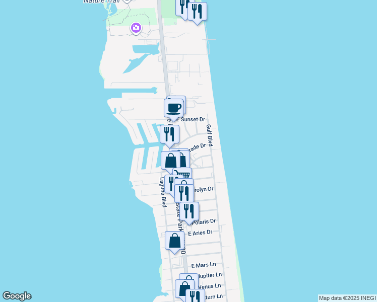 map of restaurants, bars, coffee shops, grocery stores, and more near 104 East Parade Drive in South Padre Island