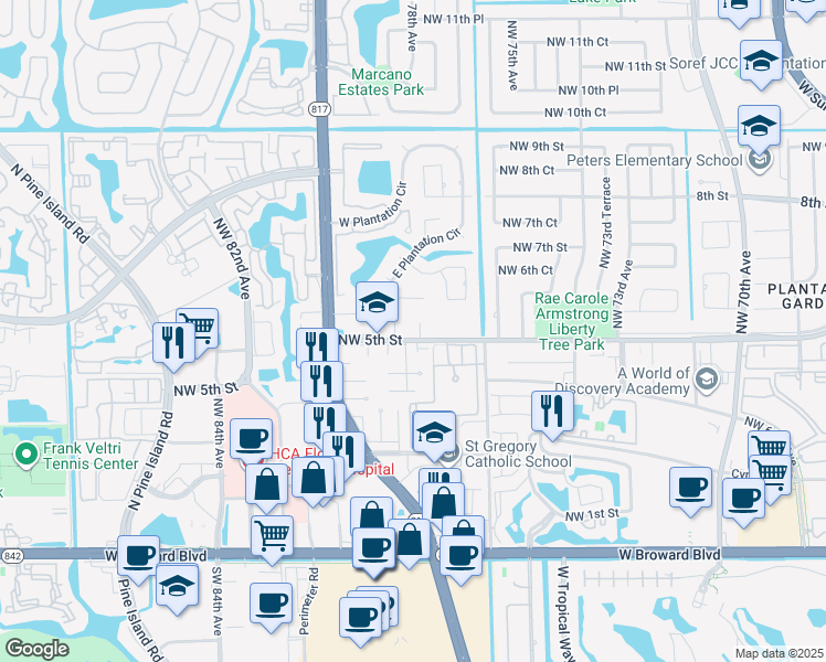 map of restaurants, bars, coffee shops, grocery stores, and more near 501 Northwest 78th Terrace in Plantation