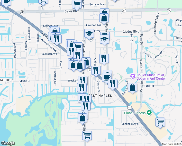 map of restaurants, bars, coffee shops, grocery stores, and more near 3010 Tamiami Trail East in Naples