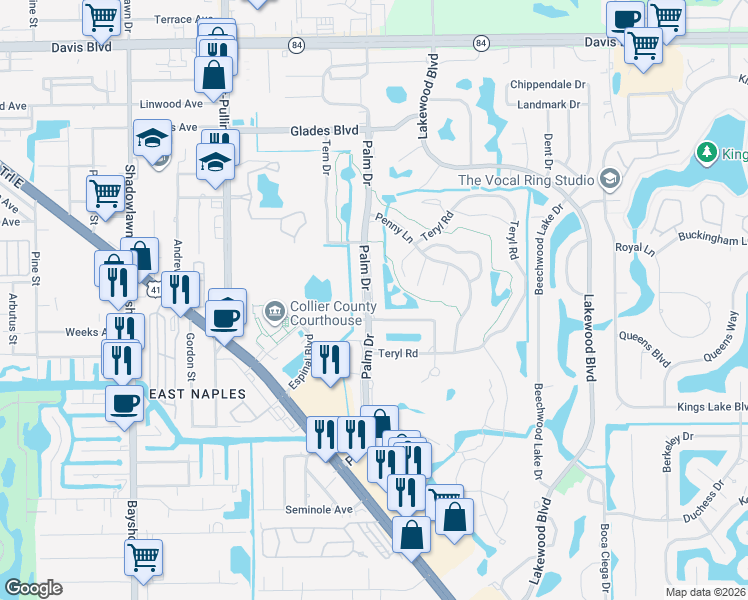map of restaurants, bars, coffee shops, grocery stores, and more near 215 Palm Drive in Naples