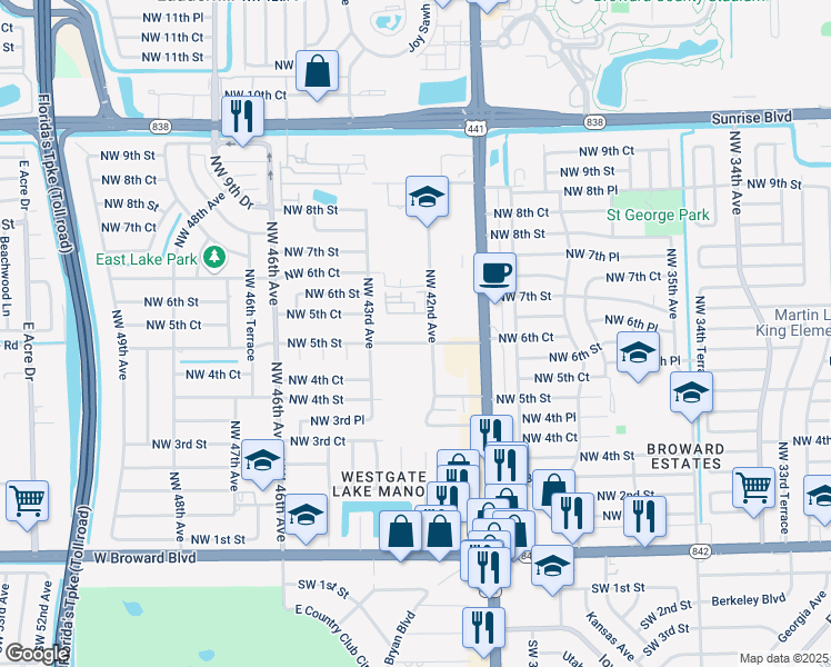 map of restaurants, bars, coffee shops, grocery stores, and more near 4251 Northwest 5th Street in Plantation