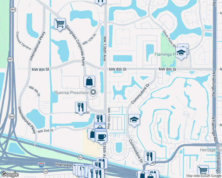 map of restaurants, bars, coffee shops, grocery stores, and more near 606 Northwest 135th Terrace in Plantation