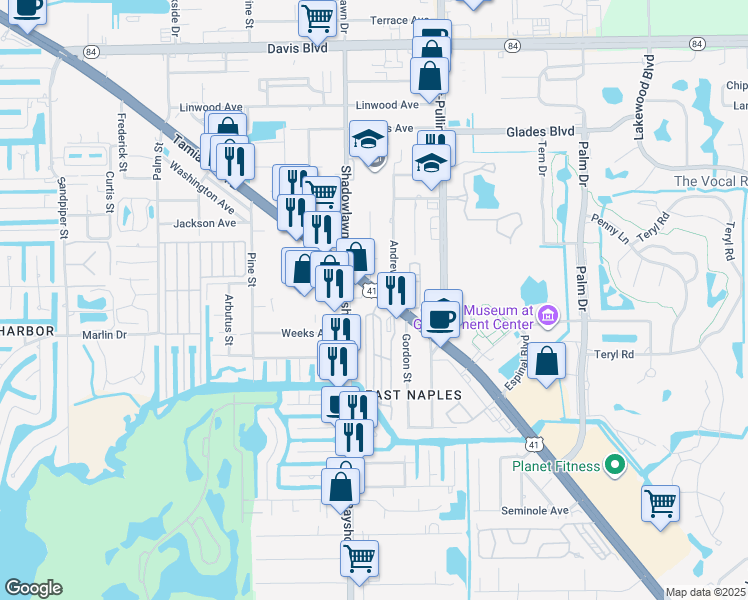 map of restaurants, bars, coffee shops, grocery stores, and more near 3010 Tamiami Trail East in Naples