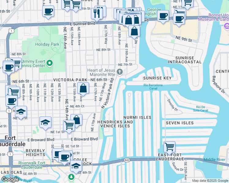 map of restaurants, bars, coffee shops, grocery stores, and more near 506 Victoria Terrace in Fort Lauderdale