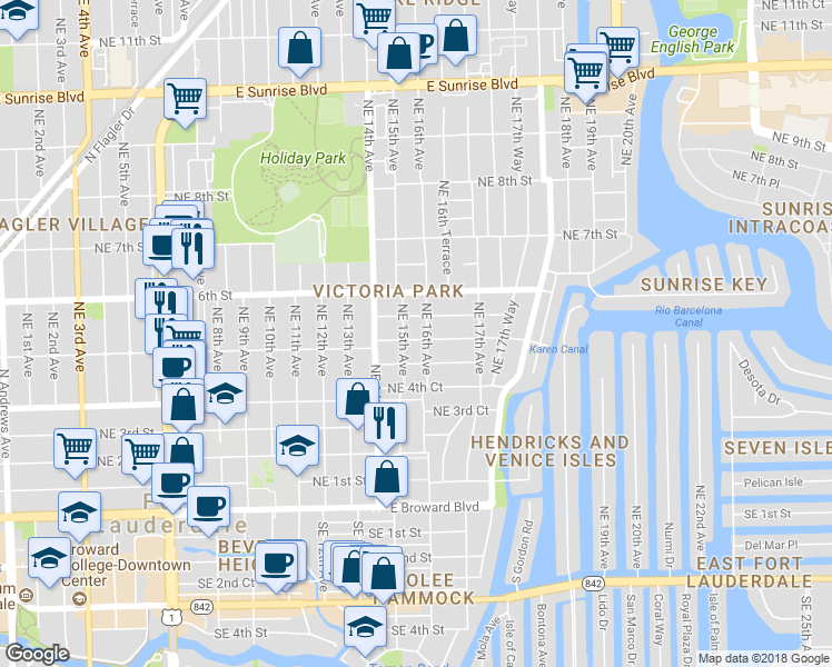 map of restaurants, bars, coffee shops, grocery stores, and more near 1509 Northeast 5th Street in Fort Lauderdale