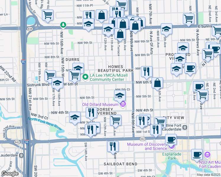 map of restaurants, bars, coffee shops, grocery stores, and more near 1117 Northwest 5th Court in Fort Lauderdale