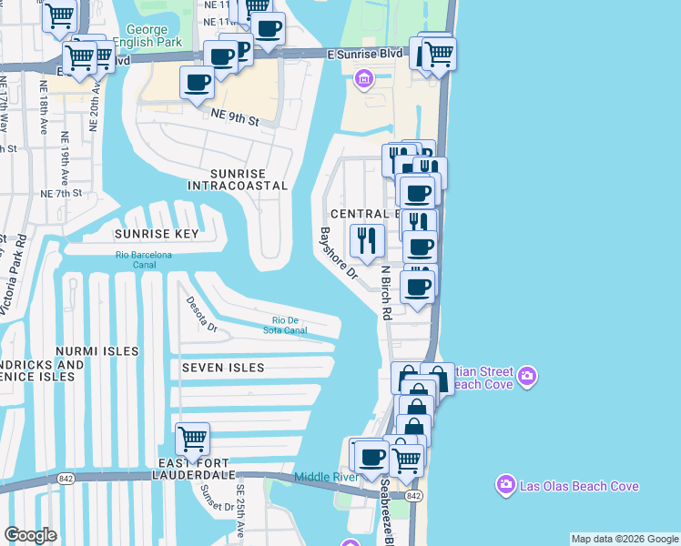 map of restaurants, bars, coffee shops, grocery stores, and more near 425 Bayshore Drive in Fort Lauderdale