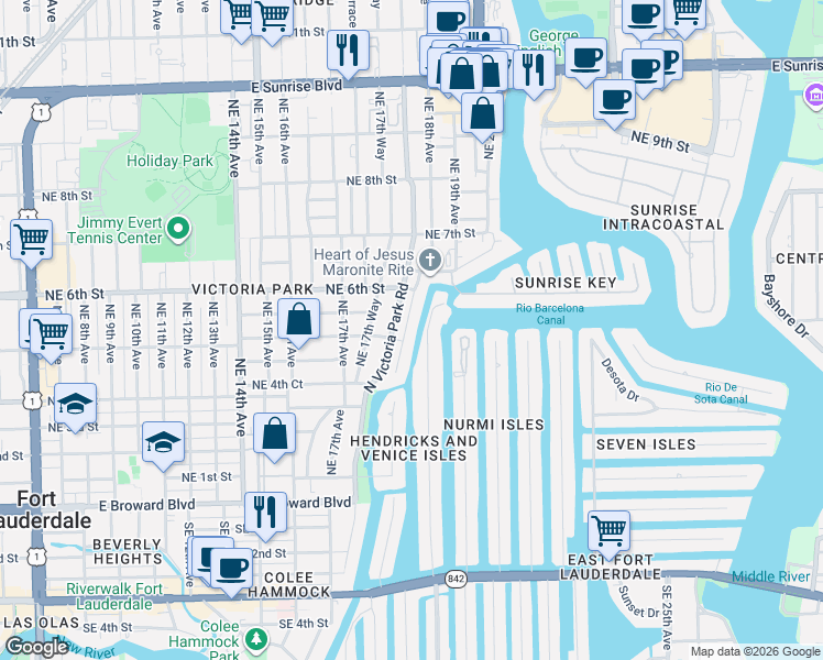 map of restaurants, bars, coffee shops, grocery stores, and more near 506 Victoria Terrace in Fort Lauderdale
