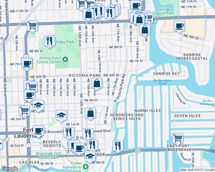 map of restaurants, bars, coffee shops, grocery stores, and more near 501 Northeast 17th Avenue in Fort Lauderdale