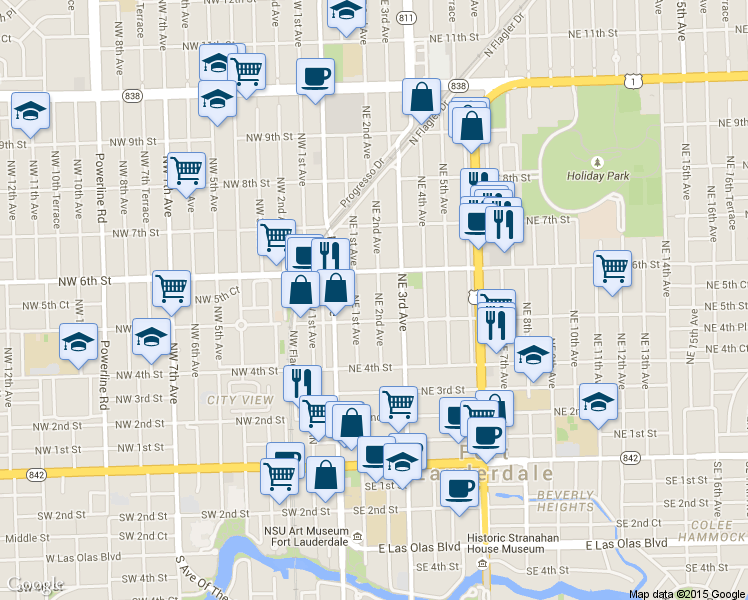 map of restaurants, bars, coffee shops, grocery stores, and more near 513 Northeast 2nd Avenue in Fort Lauderdale