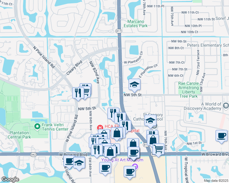 map of restaurants, bars, coffee shops, grocery stores, and more near 497 North University Drive in Plantation