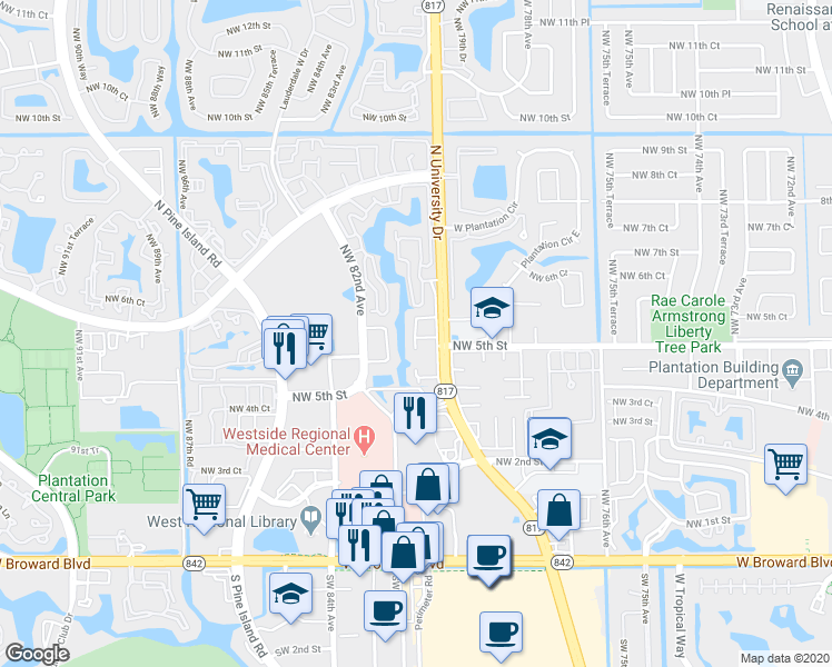 map of restaurants, bars, coffee shops, grocery stores, and more near 497 North University Drive in Plantation