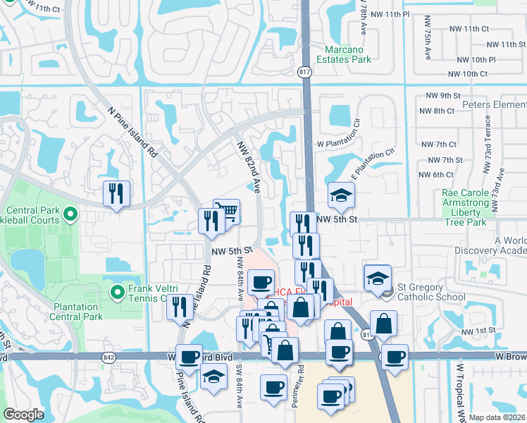 map of restaurants, bars, coffee shops, grocery stores, and more near 540 Westtree Lane in Plantation