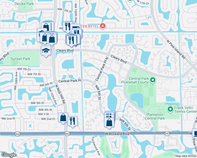 map of restaurants, bars, coffee shops, grocery stores, and more near 533 Northwest 98th Avenue in Plantation