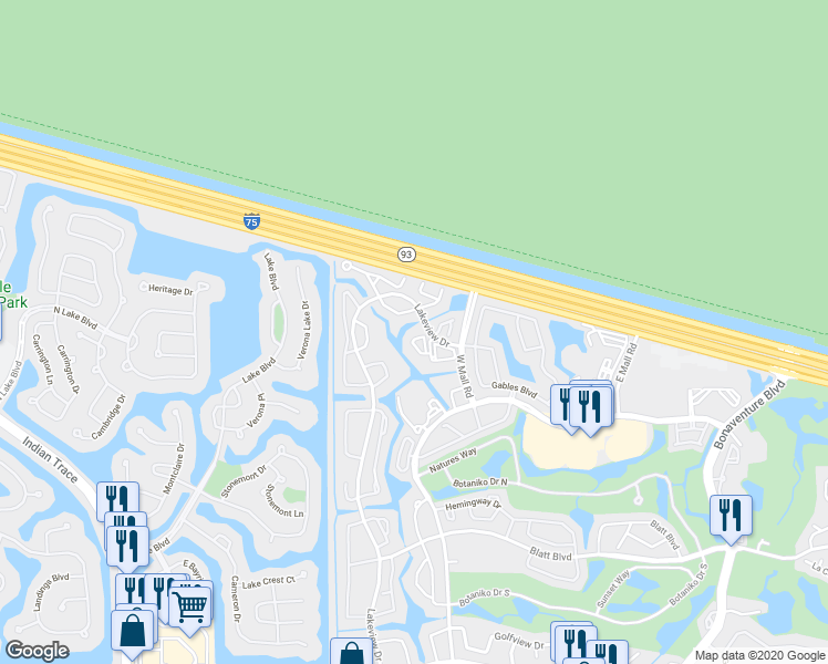 map of restaurants, bars, coffee shops, grocery stores, and more near 140 Lakeview Drive in Weston