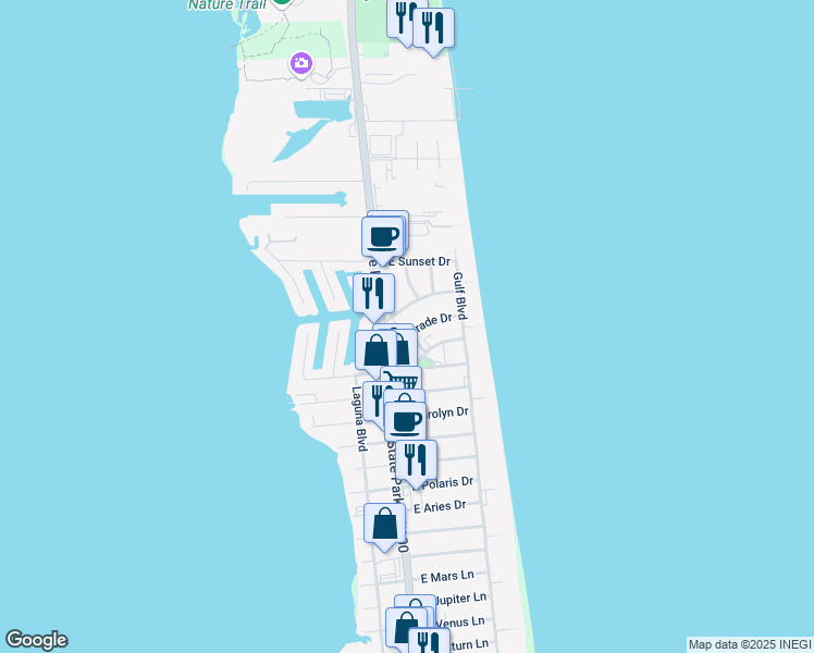 map of restaurants, bars, coffee shops, grocery stores, and more near 104 East Parade Drive in South Padre Island