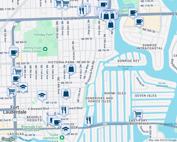 map of restaurants, bars, coffee shops, grocery stores, and more near 1733 Northeast 5th Street in Fort Lauderdale