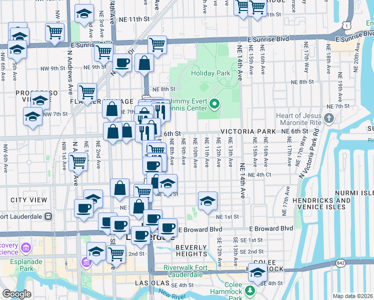 map of restaurants, bars, coffee shops, grocery stores, and more near 507 Northeast 9th Avenue in Fort Lauderdale