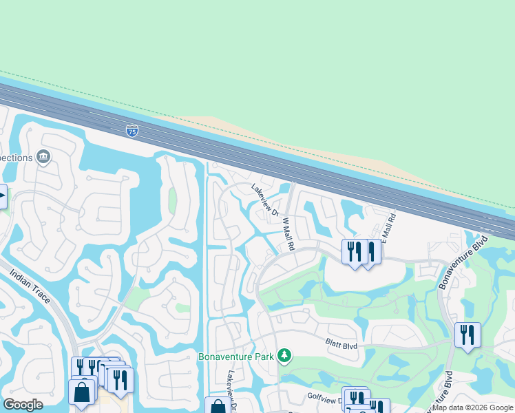 map of restaurants, bars, coffee shops, grocery stores, and more near 140 Lakeview Drive in Weston