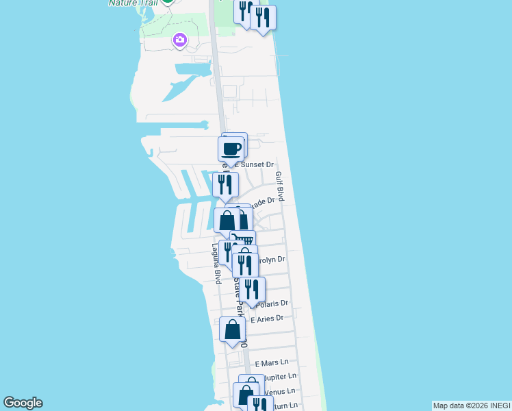 map of restaurants, bars, coffee shops, grocery stores, and more near 104 East Parade Drive in South Padre Island