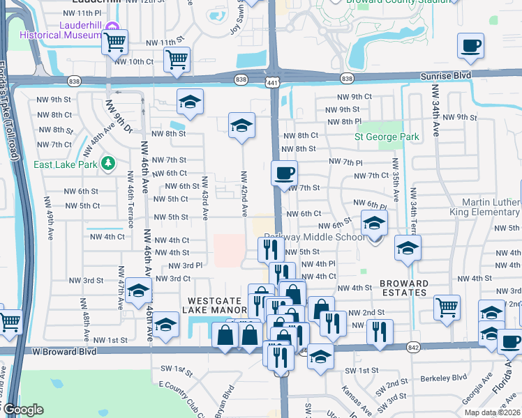 map of restaurants, bars, coffee shops, grocery stores, and more near 4121 Northwest 5th Street in Plantation