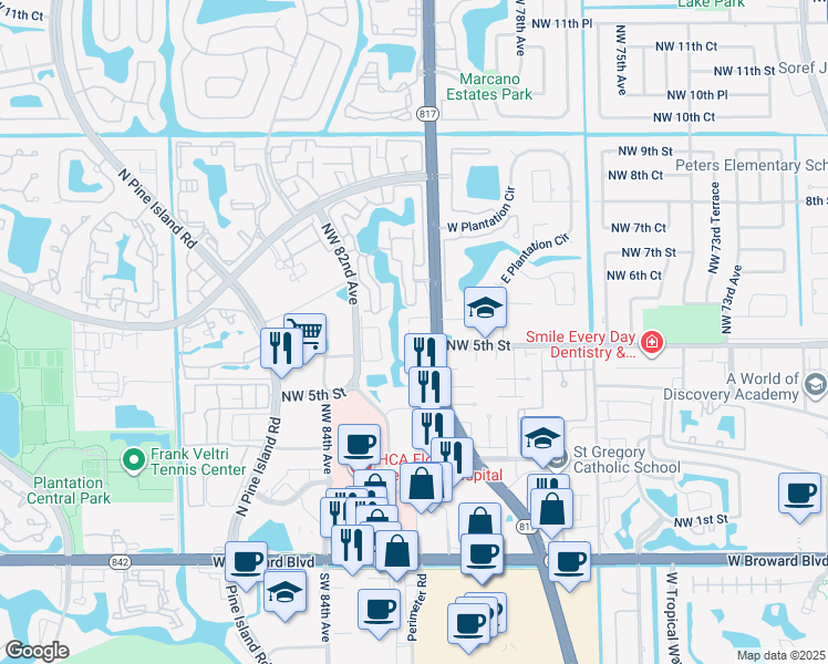 map of restaurants, bars, coffee shops, grocery stores, and more near 557 North University Drive in Plantation