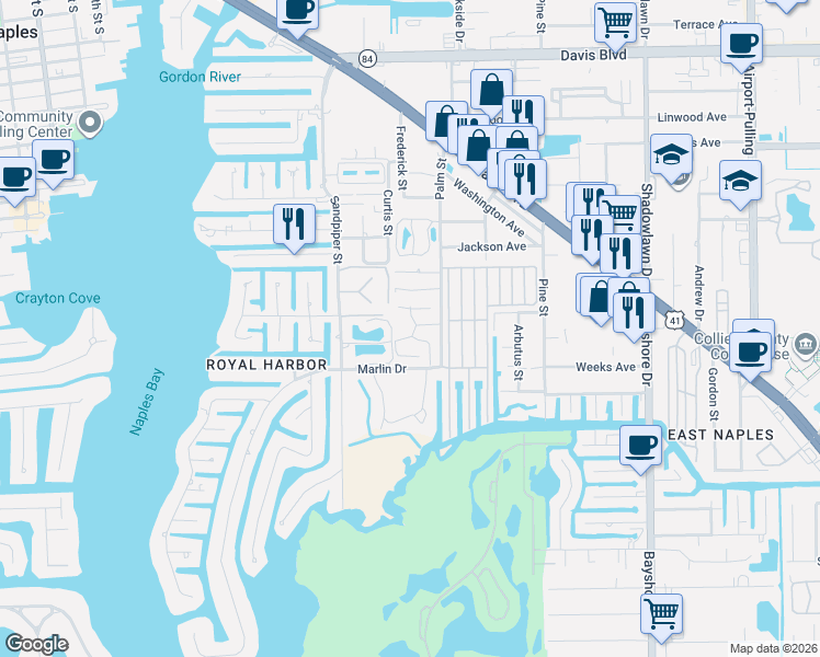 map of restaurants, bars, coffee shops, grocery stores, and more near 235 Georgetown Boulevard in Naples
