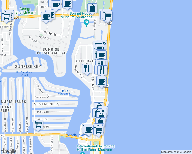 map of restaurants, bars, coffee shops, grocery stores, and more near 420 North Birch Road in Fort Lauderdale