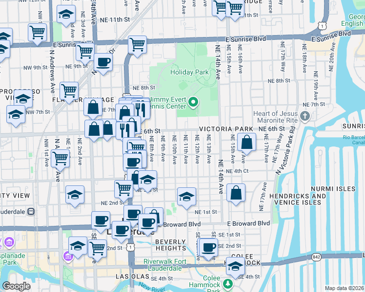 map of restaurants, bars, coffee shops, grocery stores, and more near 517 Northeast 11th Avenue in Fort Lauderdale