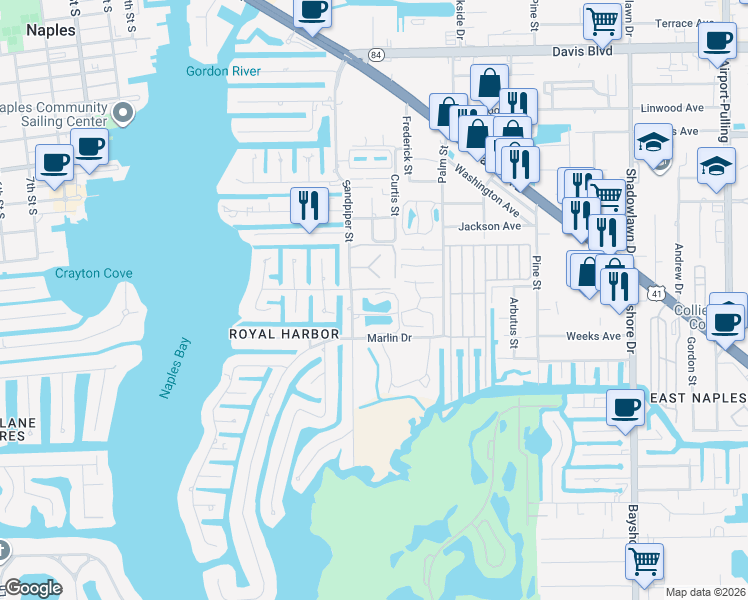 map of restaurants, bars, coffee shops, grocery stores, and more near 105 Georgetown Boulevard in Naples