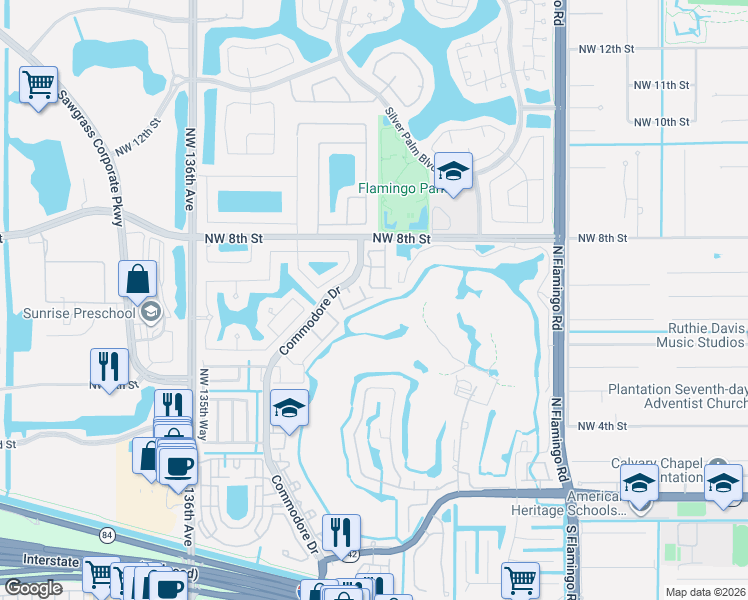 map of restaurants, bars, coffee shops, grocery stores, and more near 734 Northwest 132nd Terrace in Plantation
