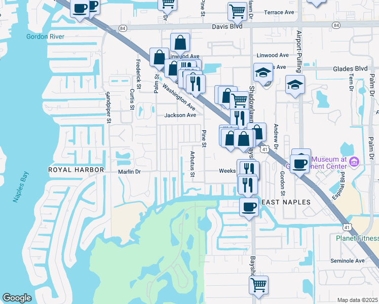 map of restaurants, bars, coffee shops, grocery stores, and more near 2725 Arbutus Street in Naples
