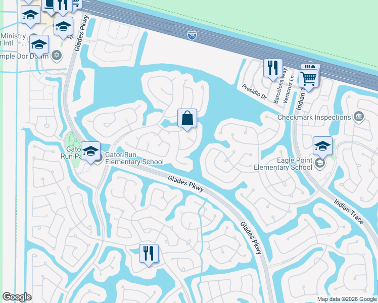 map of restaurants, bars, coffee shops, grocery stores, and more near 647 Vista Meadows Drive in Weston