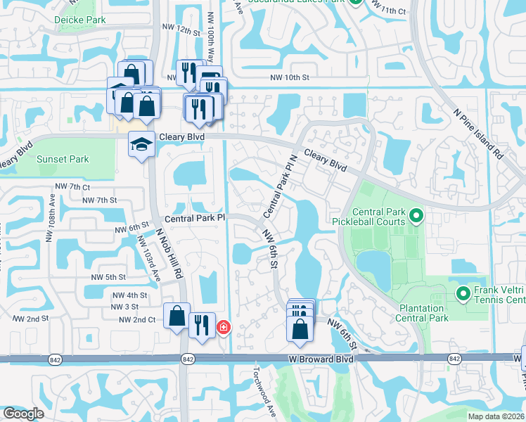 map of restaurants, bars, coffee shops, grocery stores, and more near 535 Northwest 98th Avenue in Plantation